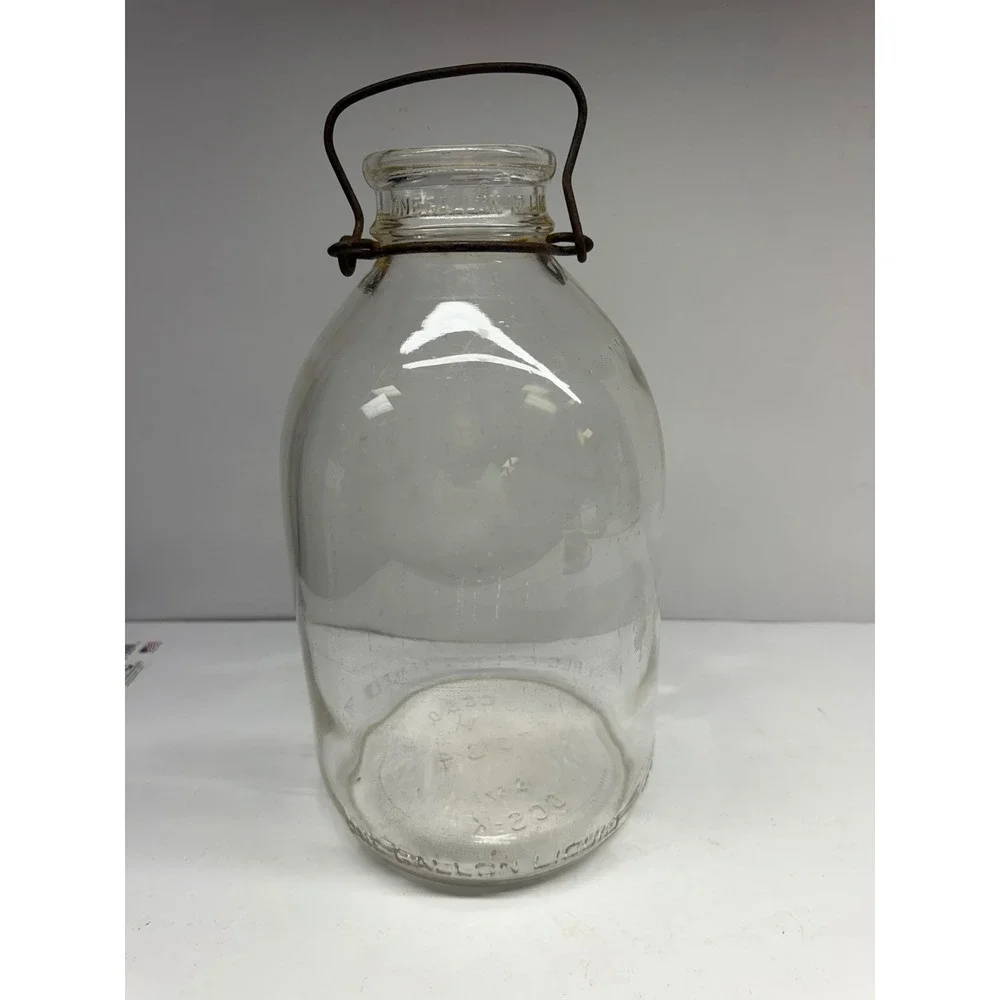 Vintage One Gallon Clear Glass Jug with Metal Bale Handle Farmhouse Decor Bottle
